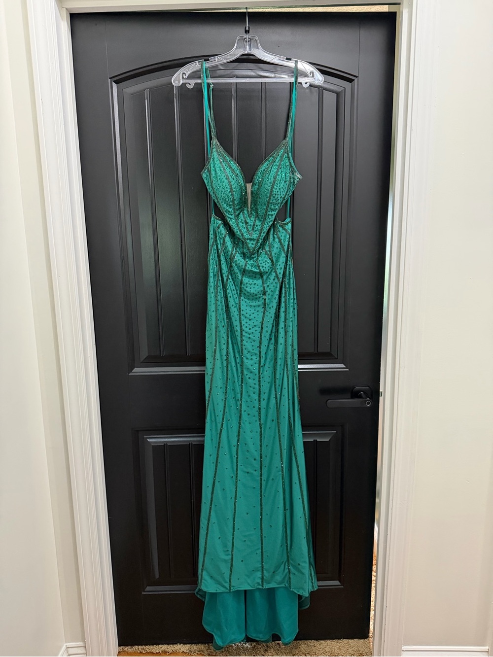 Sherri Hill Teal Green Spaghetti-Strap Evening Gown